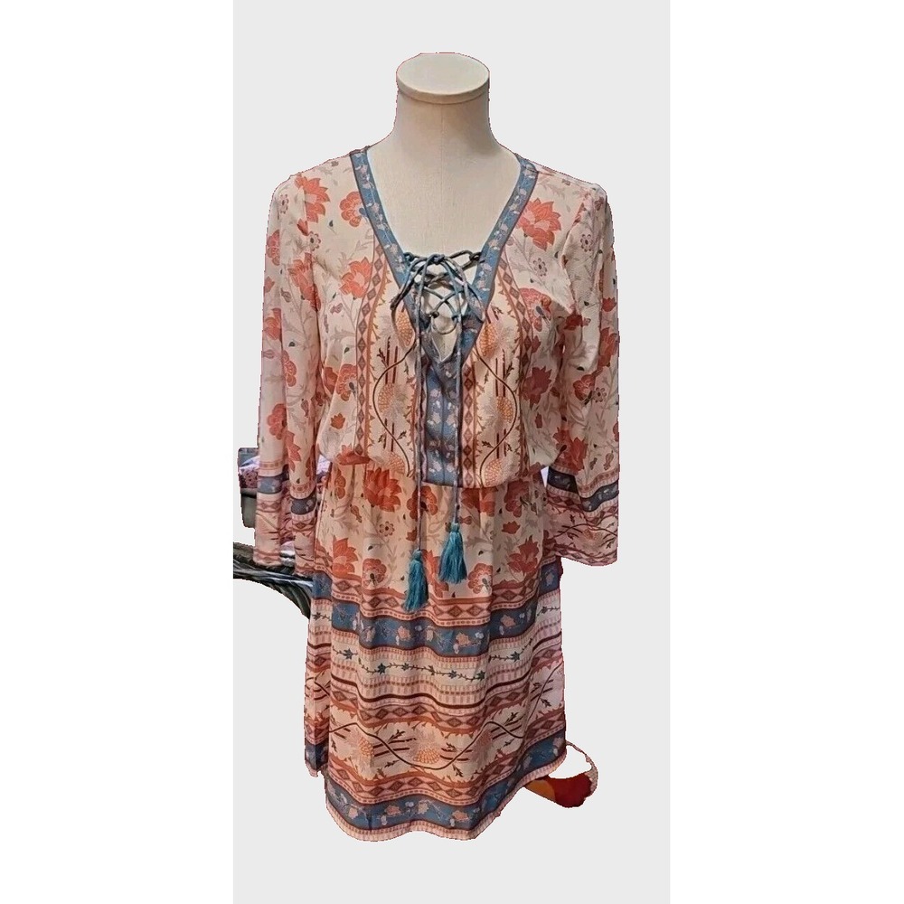 Flying Tomato Boho Kimono Sleeve Midi Dress Sz M Lined  Flowy Cottagecore  CL09
